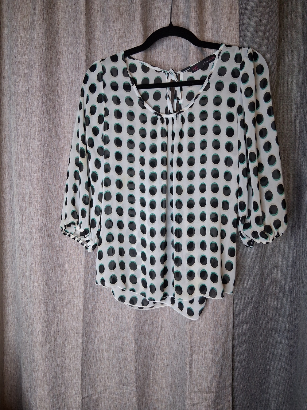 Semi-Sheer White Blouse with Black & Teal Polka Dots
